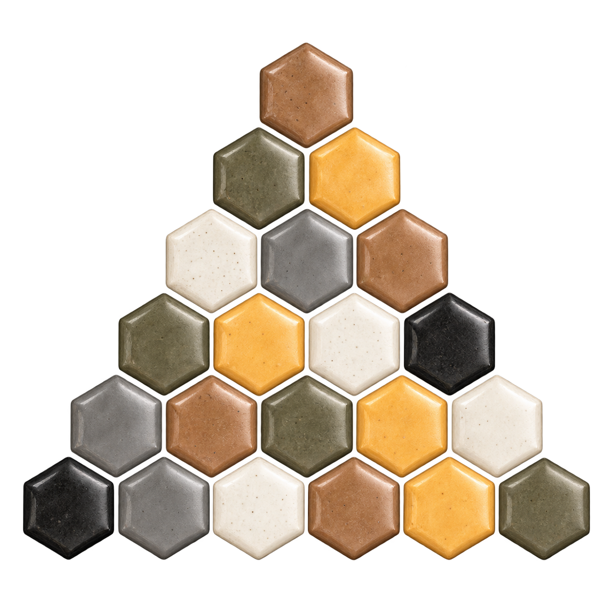 Triunghi format din 21 de hexagoane ceramice, în paleta Olărit Aiurit.